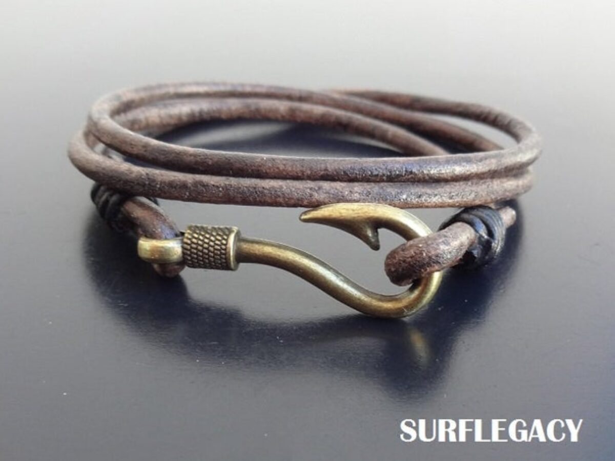 Halukakah ● Classic ● Men's Genuine Leather Bracelet 2 Wrap Titanium Fishhook 