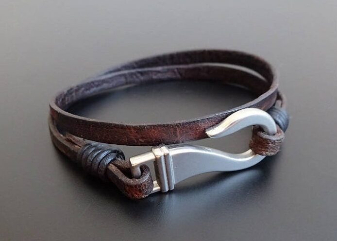 hook bracelet hook leather bracelet men bracelet silver hook bracelet round hook leather bracelet nautical bracelet leather bracelet