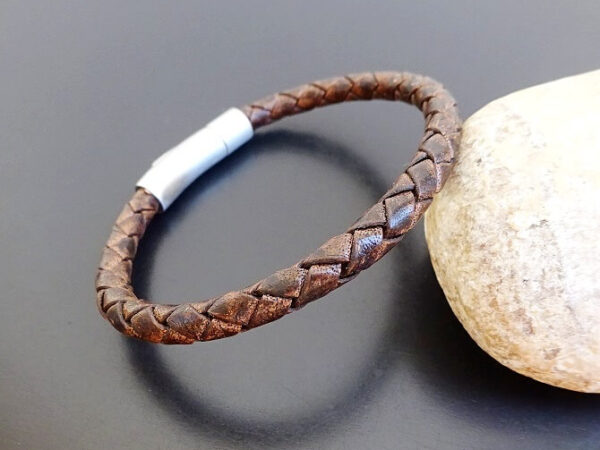 Mens Braided leather bracelet 5mm antique brown