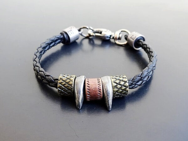 BIKER BRACELET STYLE WITH LARGE ANTIQUE SILVER LOBSTER CLASP ON VEGAN BLACK LEATHER AND MULTIPLE BEADS 2 LOOK LIKE SPIKES