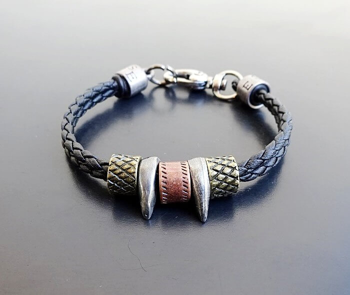 BIKER BRACELET STYLE WITH LARGE ANTIQUE SILVER LOBSTER CLASP ON VEGAN BLACK LEATHER AND MULTIPLE BEADS 2 LOOK LIKE SPIKES