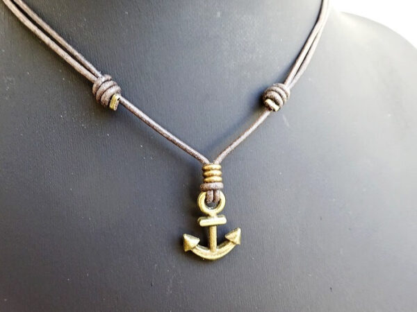 bronze anchor pendant on leather slip knot