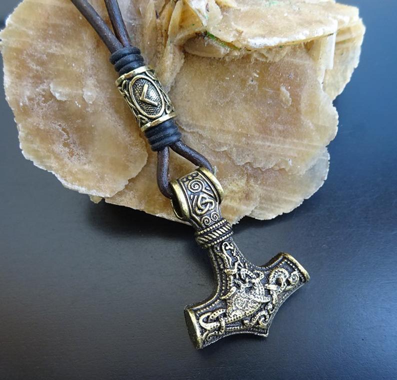 Bronze mjolnir necklace with rune