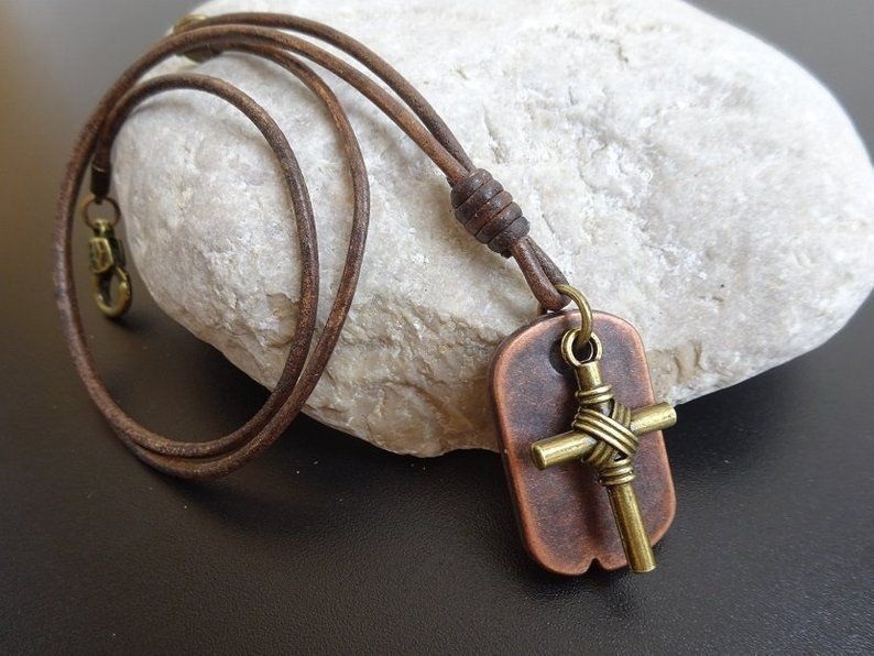 mens cross necklace on leather