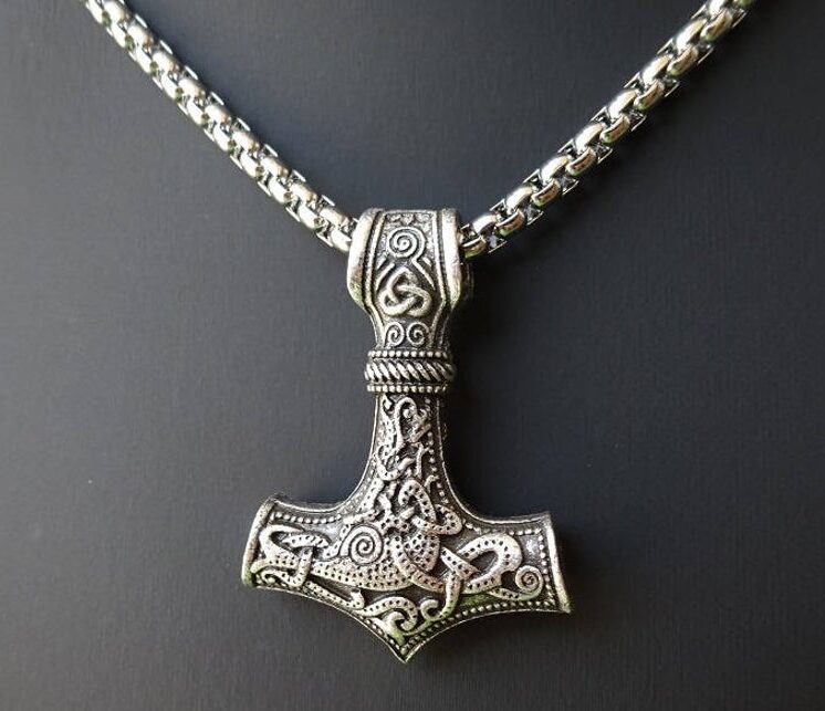 silver Mjolnir pendant on stainless steel chain