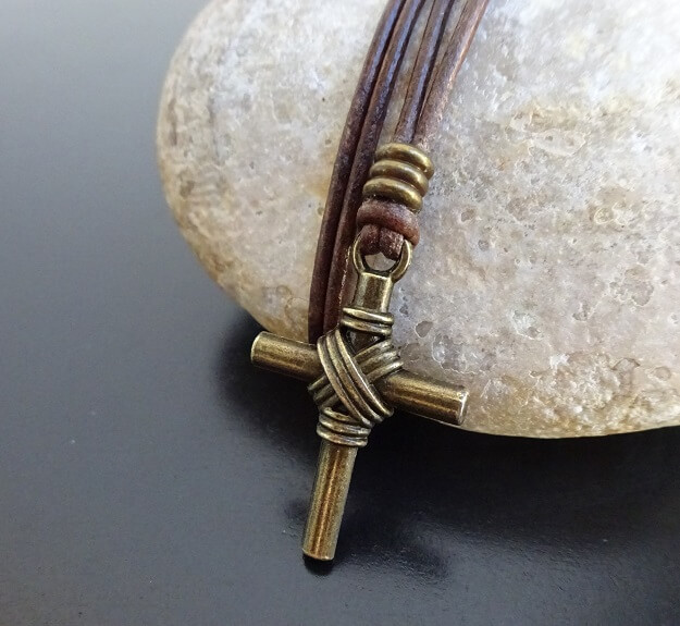 bronze knotted cross leather neclace C
