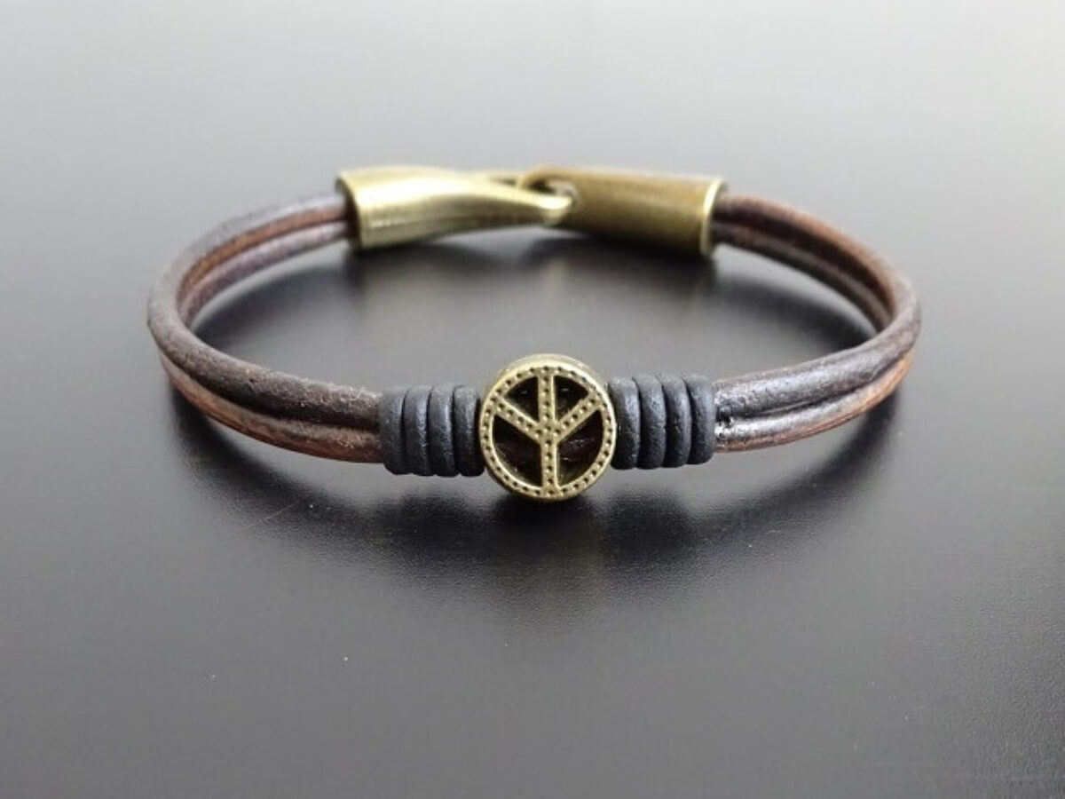 Real Leather and Cord Love & Peace Surfer Bracelet Wristband
