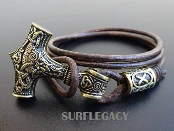 bronze mjolnir bracelet with rune