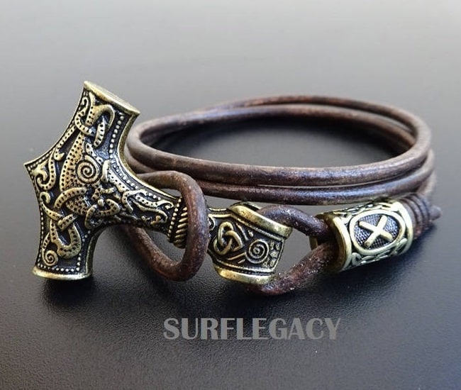 bronze mjolnir bracelet with rune