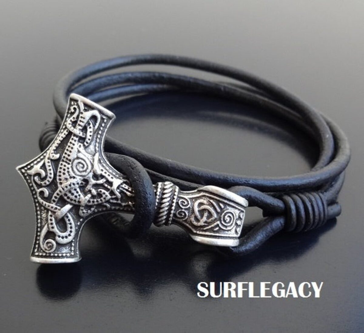 Mjolnir Rune Bracelet Handmade Mens  Womens Bracelet Gift Wristband Black & Silver THORS HAMMER Viking Bracelet with Runes