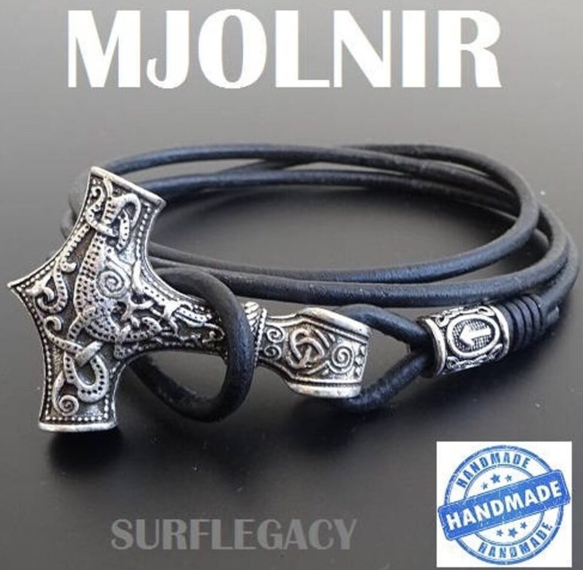 Mjolnir Rune Bracelet Handmade Mens  Womens Bracelet Gift Wristband Black & Silver THORS HAMMER Viking Bracelet with Runes