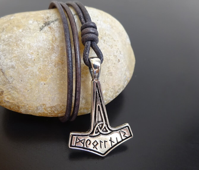 hammer mjolnir with runes on distressed gray leather 6 website 2