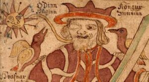 Huginn and Muninn with Odin