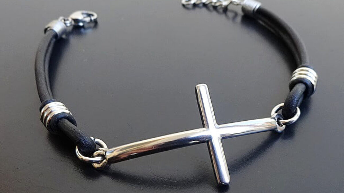 Men Leather Cross Bracelet Silver Cross Bracelet Religious 