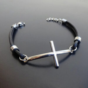 Stainless steel sideways Cross leather Bracelet