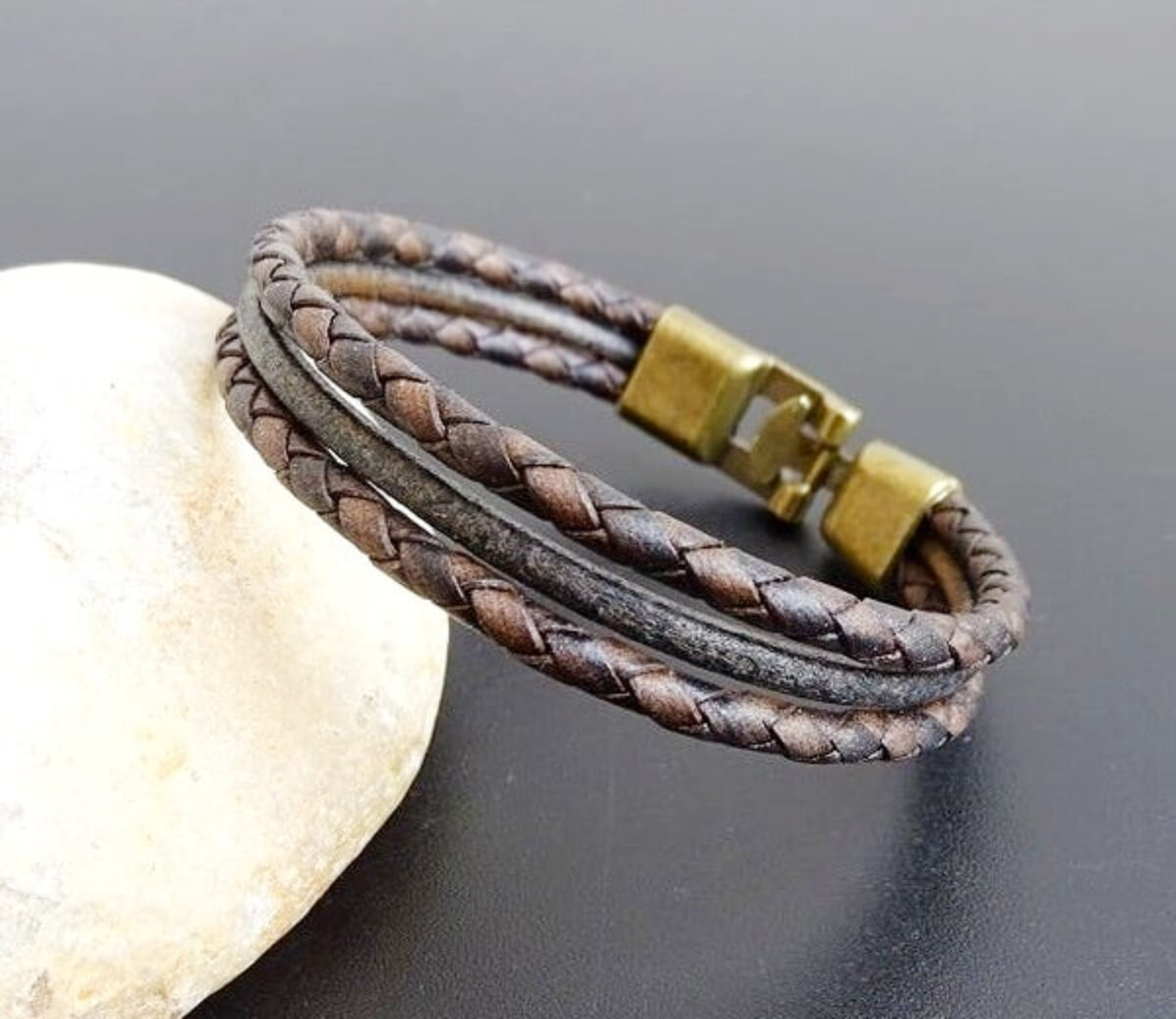 Brown Leather Magnetic Bronze Clasp Bracelet Quality Jewellery For Men A827 
