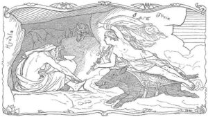 Freya goddess with her boar Hildisvíni