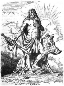 Freyr by Johannes Gehrts, shown with his sword.