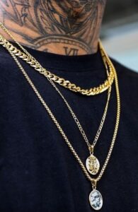 DIFFRENT PENDANTS LENGTHS LAYERED ON A MALE NECK