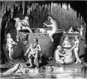 Ægir, Rán and their nine daughters prepare a huge vat of ale. 