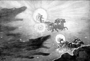 Skoll and Hati pursuing sol and Mani