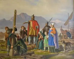 The painting depicts Ingólfr Arnarson, the first settler of Iceland, newly arrived in Reykjavík.