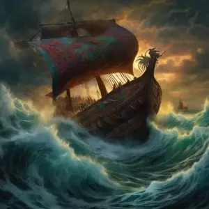 viking vessel during a storm sinking